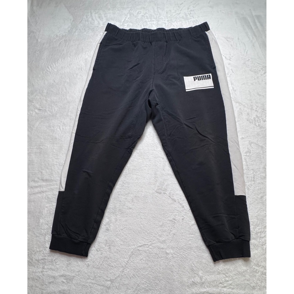 Puma Men XL Black White Stripe Logo Sweatpants 3/4 Crop Joggers Activewear Pants